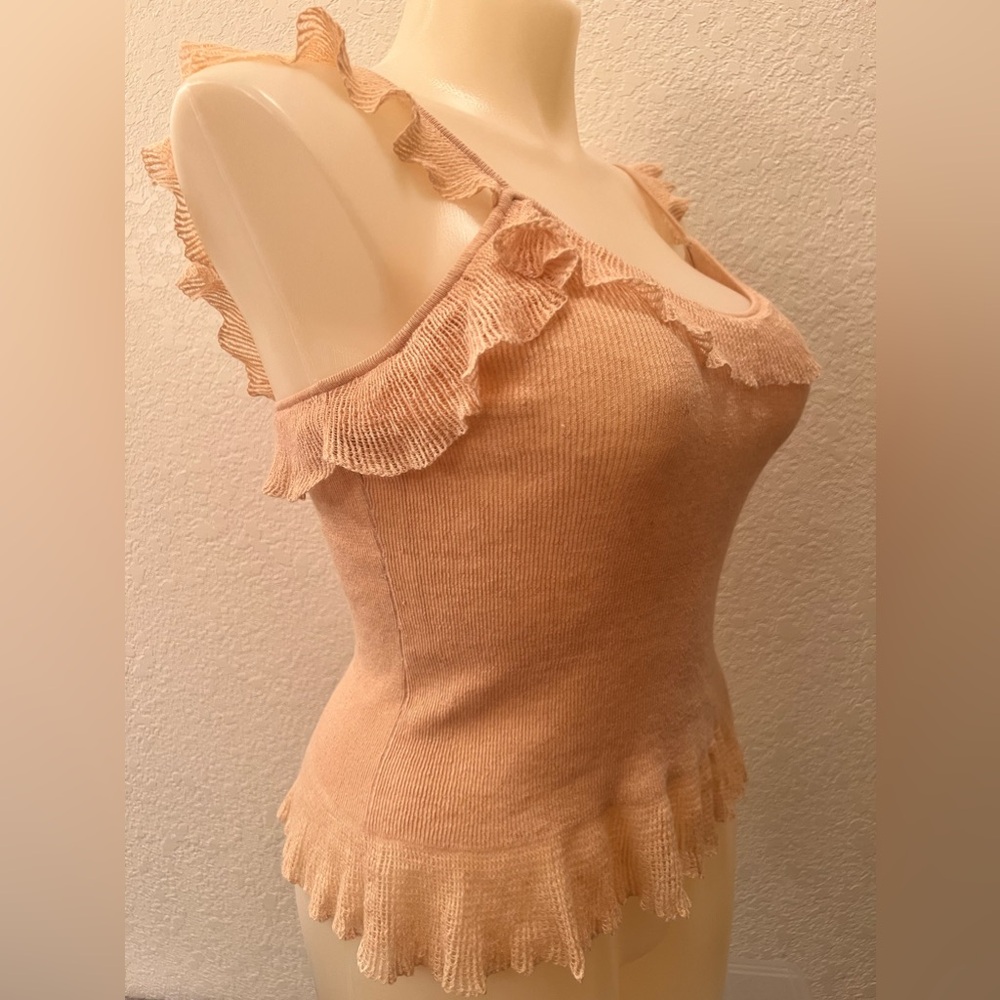 Ralph Lauren Ruffle Camisole XL Knit Tank Top Linen Blend Templeto Tan EUC - Picture 3 of 8